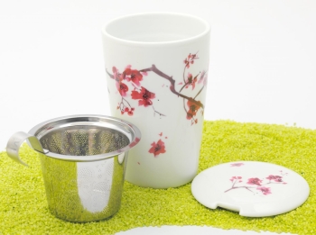 Trinkbecher Teaeve Porzellan mit Deckel & Edelstahlsieb Cherry Blossom 350ml