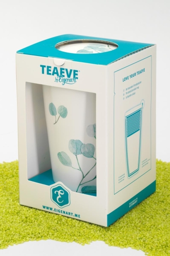 Trinkbecher Teaeve Porzellan mit Deckel & Edelstahlsieb Trees Eukalyptus 350ml