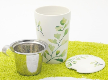 Trinkbecher Teaeve Porzellan mit Deckel & Edelstahlsieb Trees Gingko 350ml