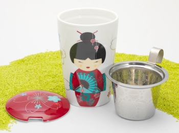 Trinkbecher Teaeve Porzellan mit Deckel & Edelstahlsieb Little Geisha red 350ml