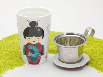 Trinkbecher Teaeve Porzellan mit Deckel & Edelstahlsieb Little Geisha red 350ml