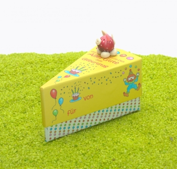Geschenkschachtel Tortenstück Kinder mit Glücksschweinchen - Kindergeburtstag
