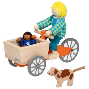 Lastenfahrrad mit 2 Biegepuppen und Hund