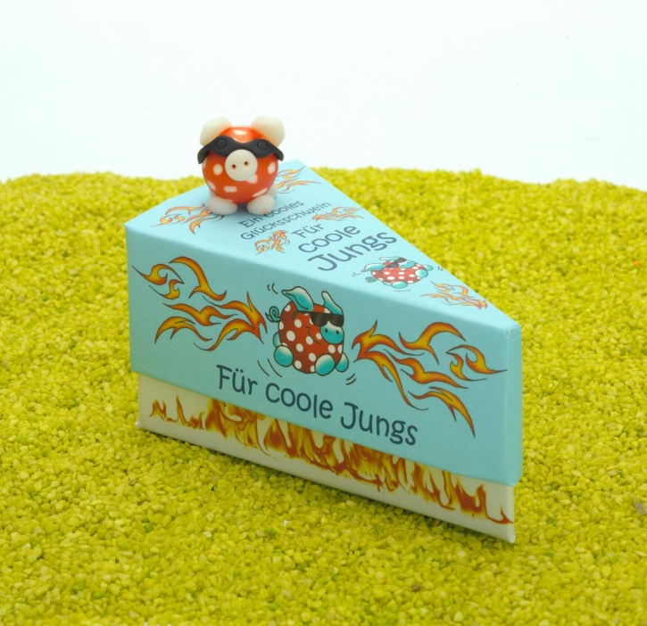 Geschenkschachtel Tortenstück Kinder mit Glücksschweinchen - Für coole Jungs