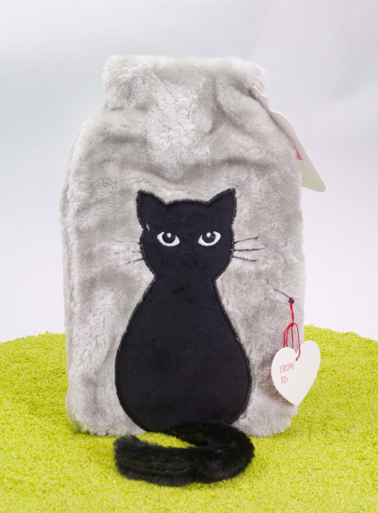 Wärmflasche mit kuscheligem Überzug Katze schwarz mit langem Schwanz
